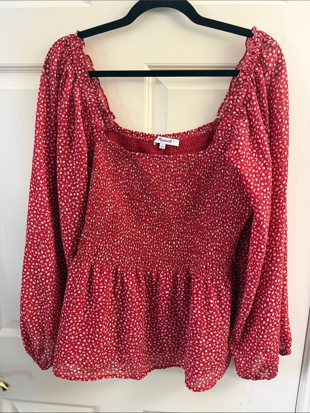 Madewell Red Smocked Peplum Blouse with White Leaf Print
